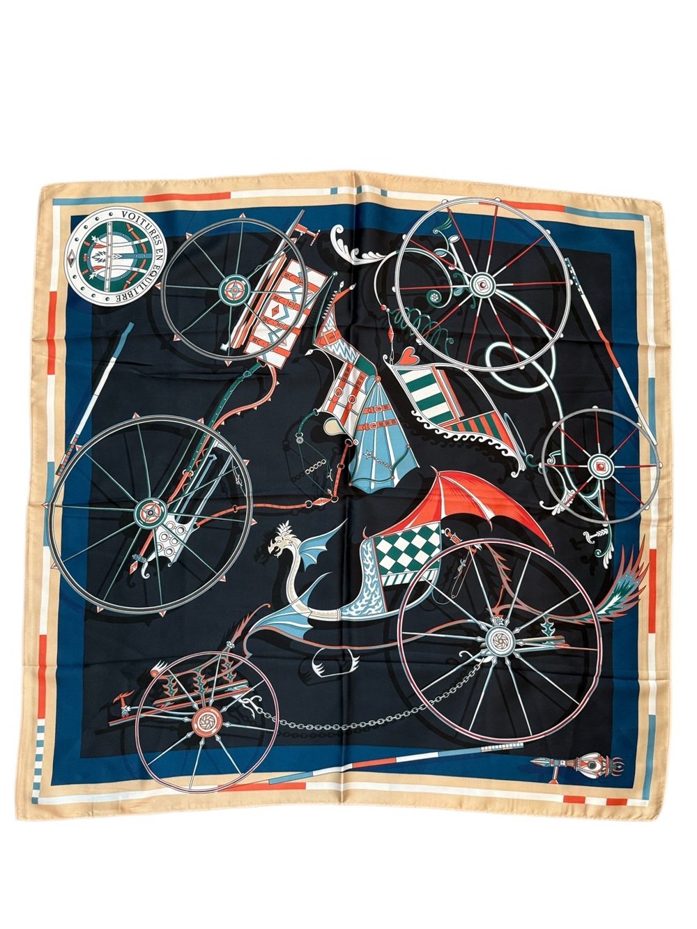 100% Silk 90cm Scarf with Carriage Wheel Motif - Navy, Beige, Red